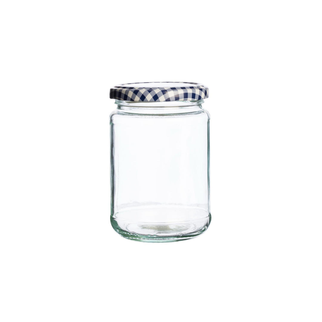 Clear glass jar with a checkered lid on a white background