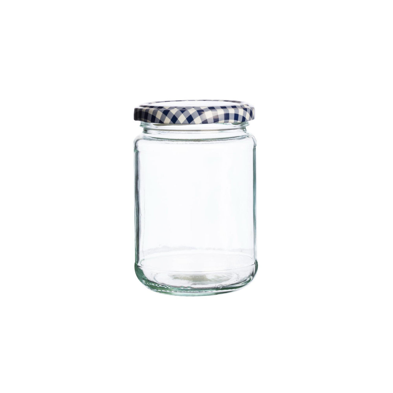 Clear glass jar with a checkered lid on a white background