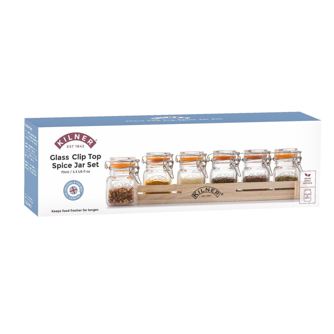 Kilner glass clip top spice jar set packaging on a white background