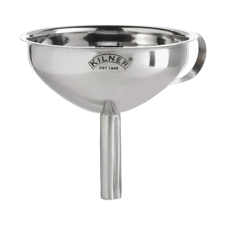 Stainless steel funnel with 'Kilner' branding on a white background