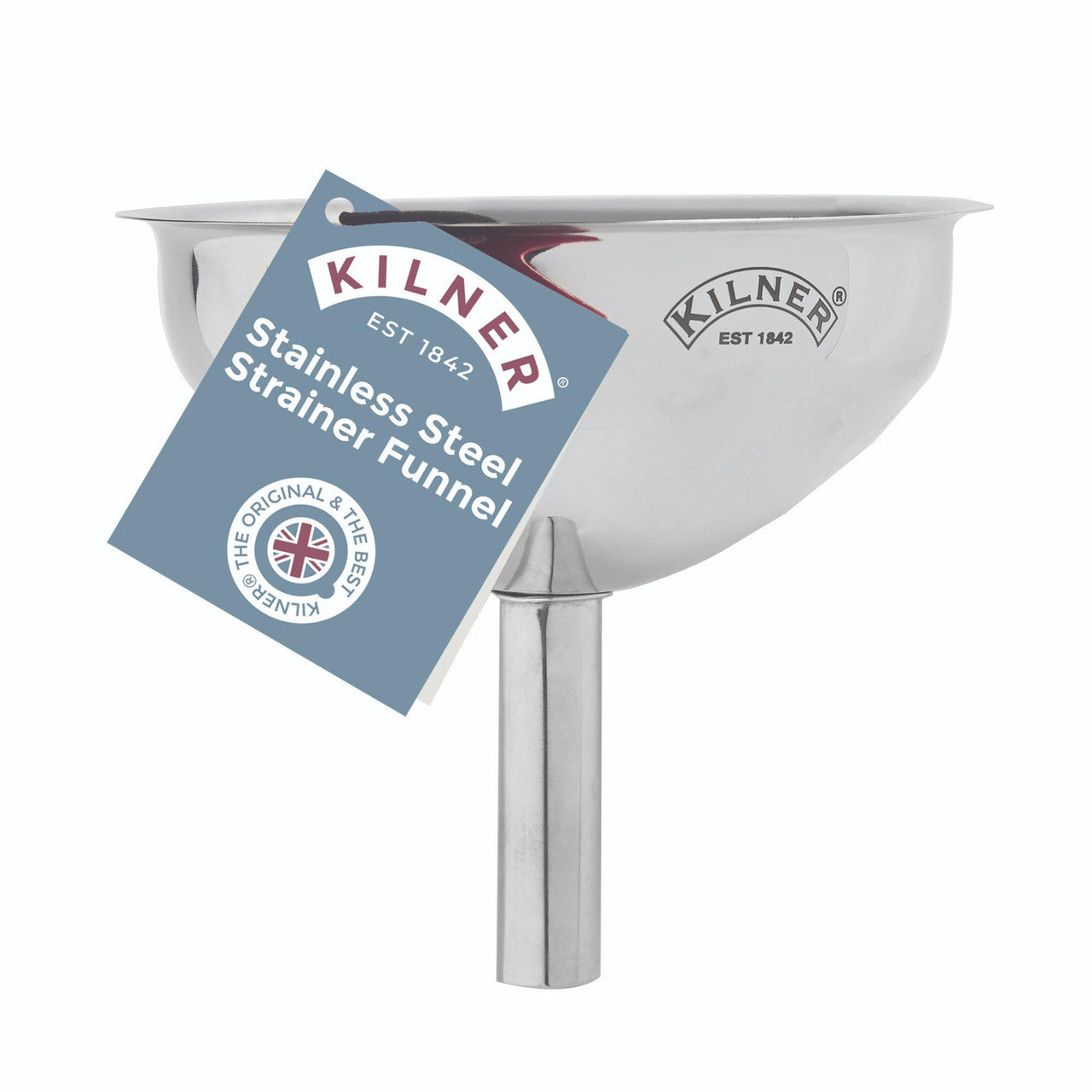 Stainless steel strainer funnel with Kilner branding on a white background