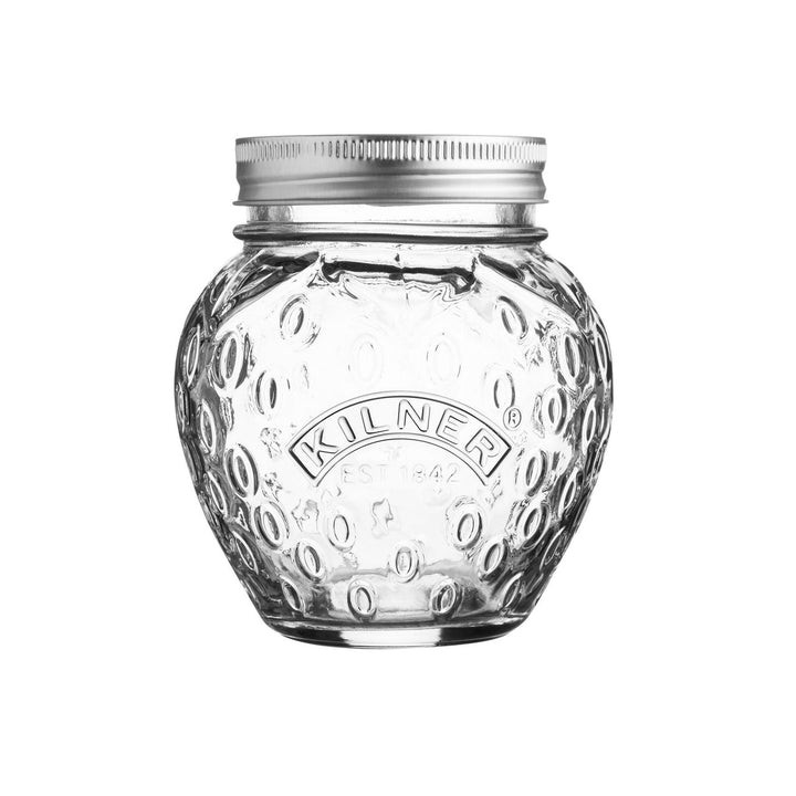 Clear glass jar with textured surface and metal lid on a white background, featuring the Kilner brand.