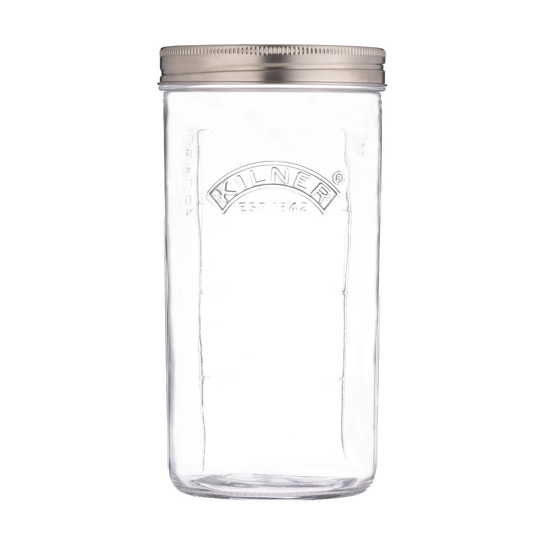 Clear glass jar with a silver lid on a white background, featuring the Kilner brand.
