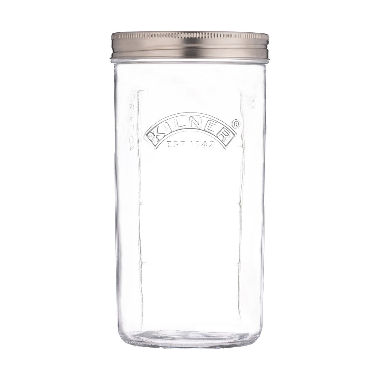 Clear glass jar with a silver lid on a white background, featuring the Kilner brand.