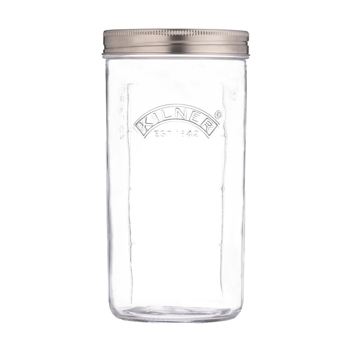 Clear glass jar with a silver lid on a white background, featuring the Kilner brand.