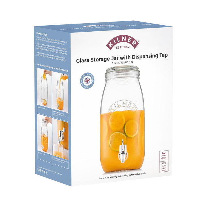 Kilner glass storage jar with dispensing tap packaging on a white background