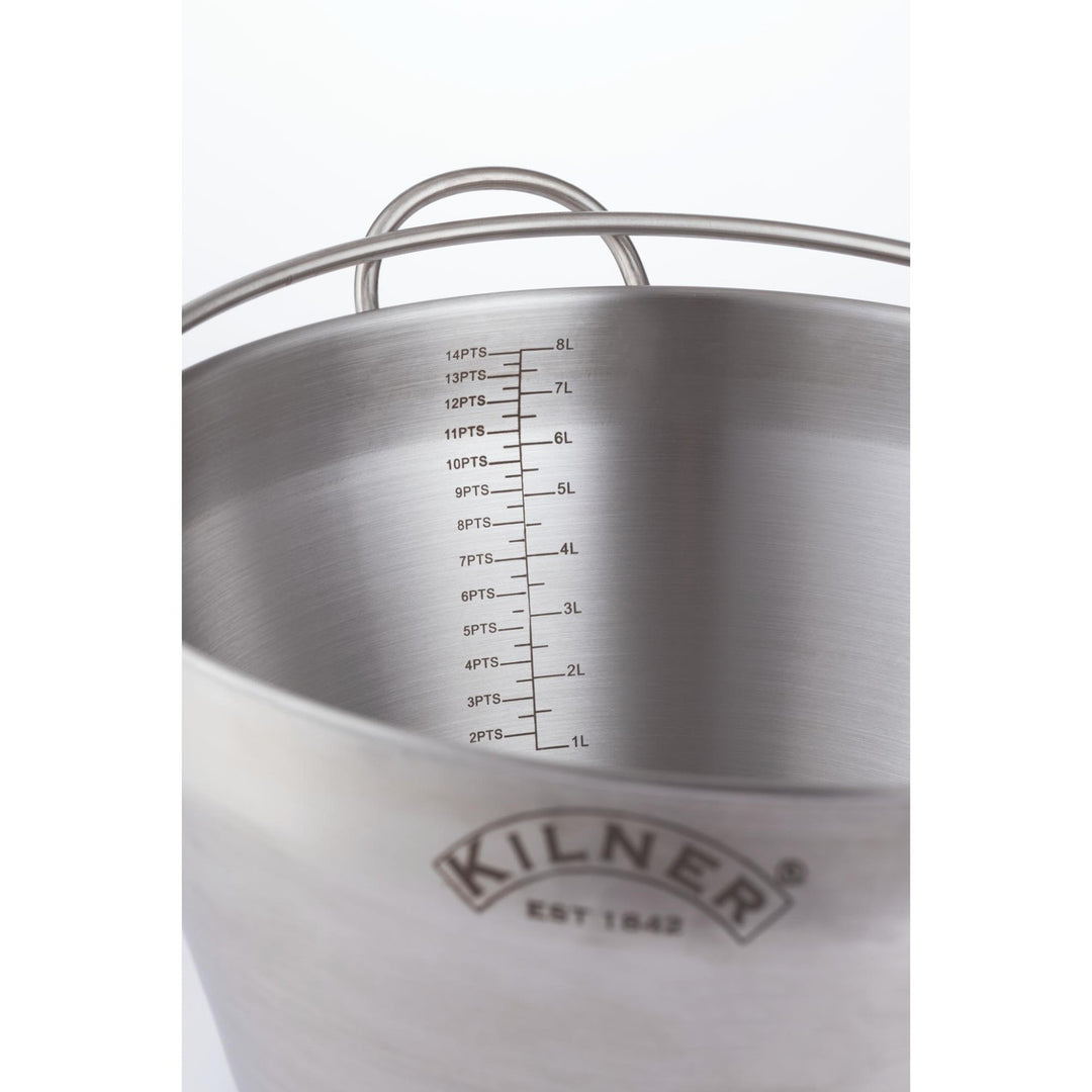 Stainless steel measuring jug with Kilner logo on a white background