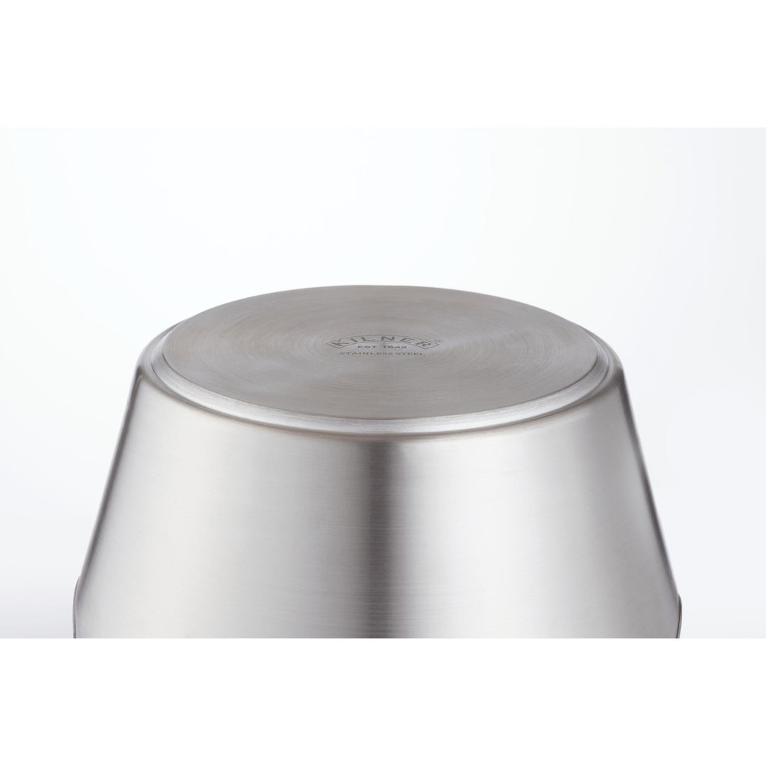 Metallic cylindrical object with a brand logo on a white background