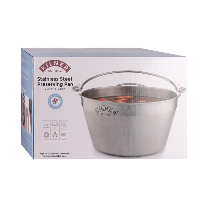 Stainless steel preserving pan with Kilner packaging on a white background