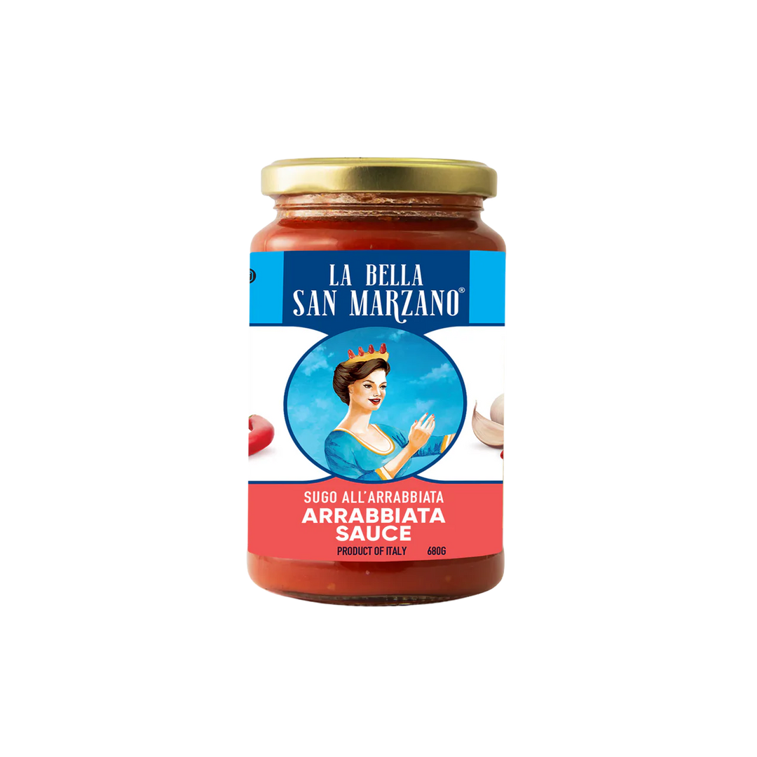 Jar of La Bella San Marzano Arrabbiata Sauce on a white background