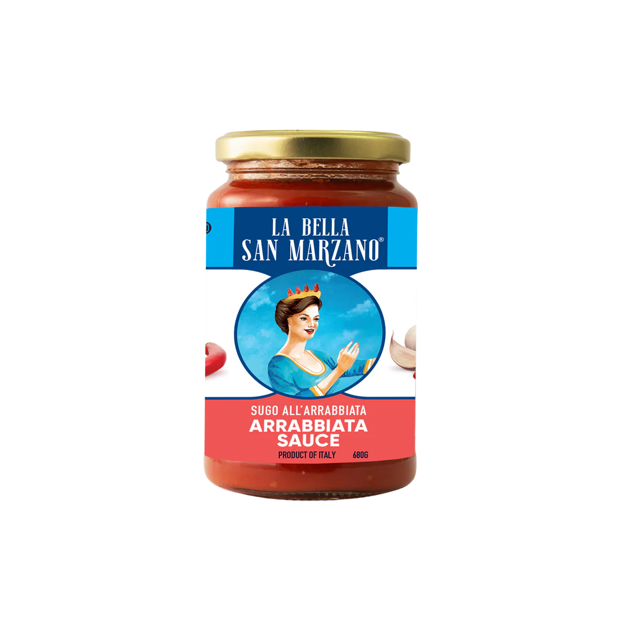 Jar of La Bella San Marzano Arrabbiata Sauce on a white background