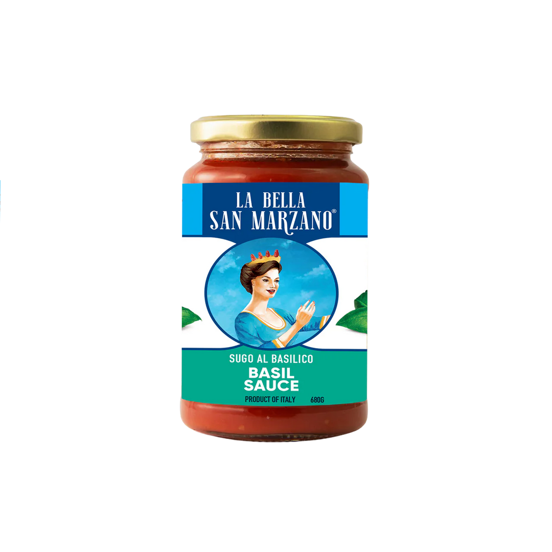 Jar of La Bella San Marzano basil sauce on a white background