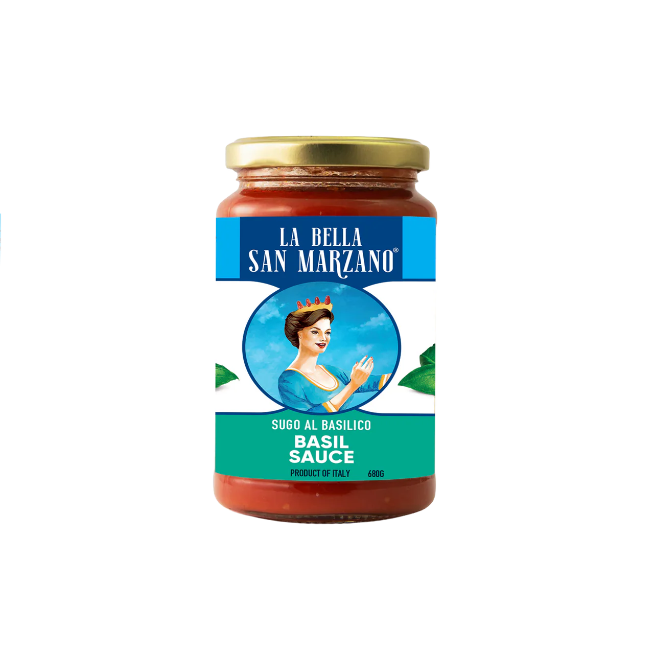 Jar of La Bella San Marzano basil sauce on a white background