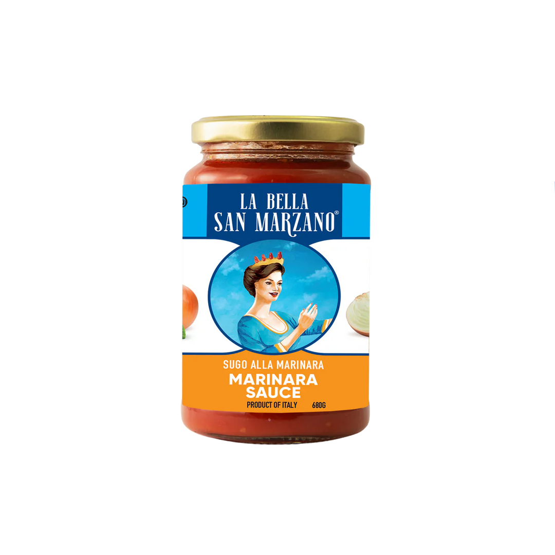 Jar of La Bella San Marzano marinara sauce on a white background