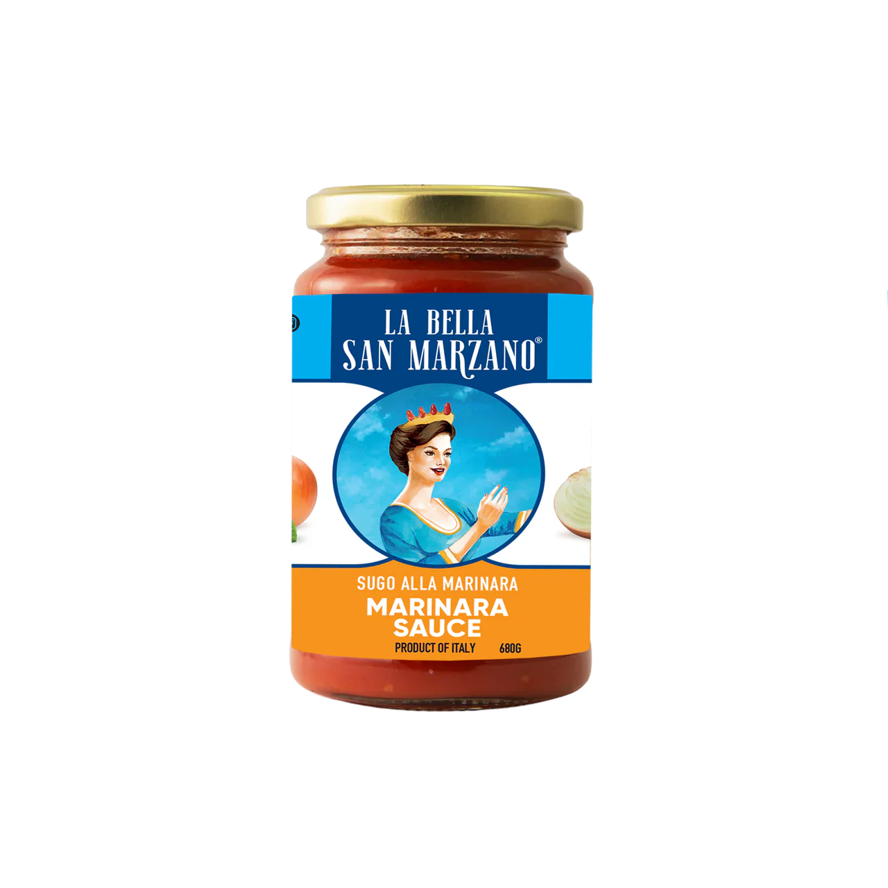 Jar of La Bella San Marzano marinara sauce on a white background