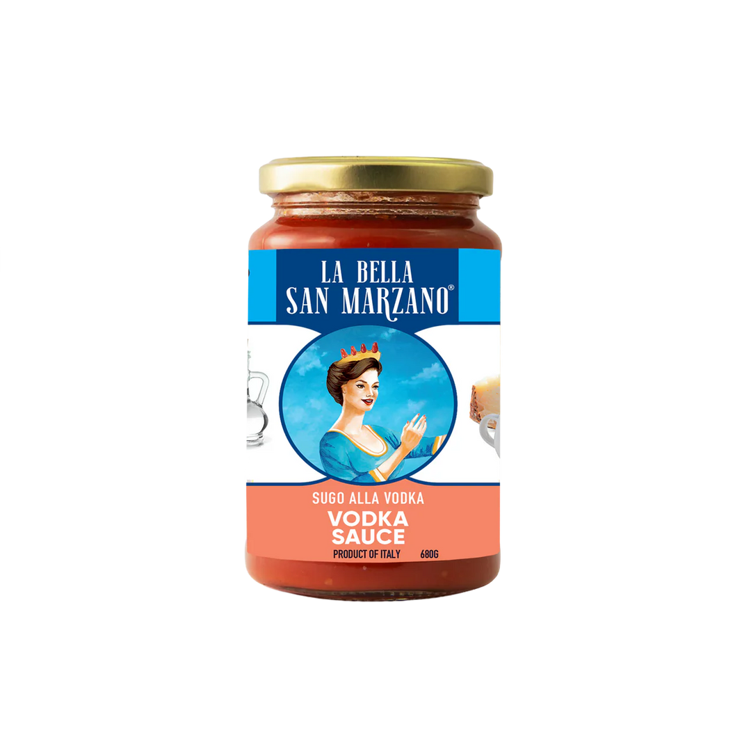 Jar of La Bella San Marzano Vodka Sauce on a white background