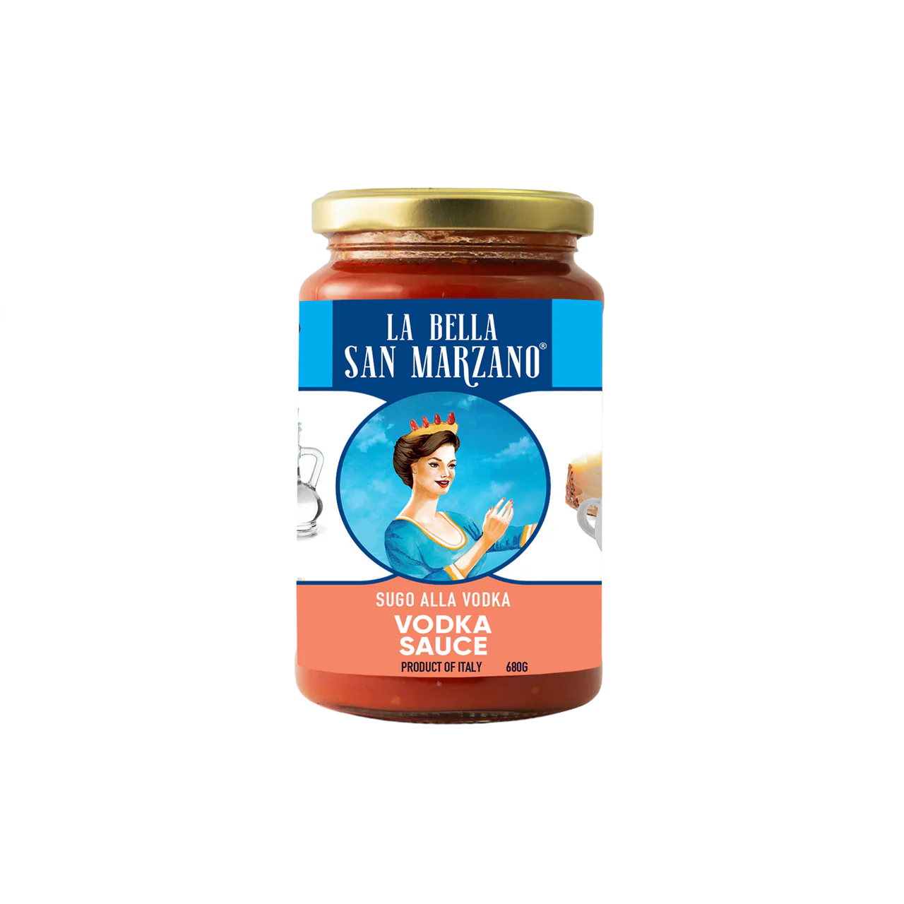 Jar of La Bella San Marzano Vodka Sauce on a white background
