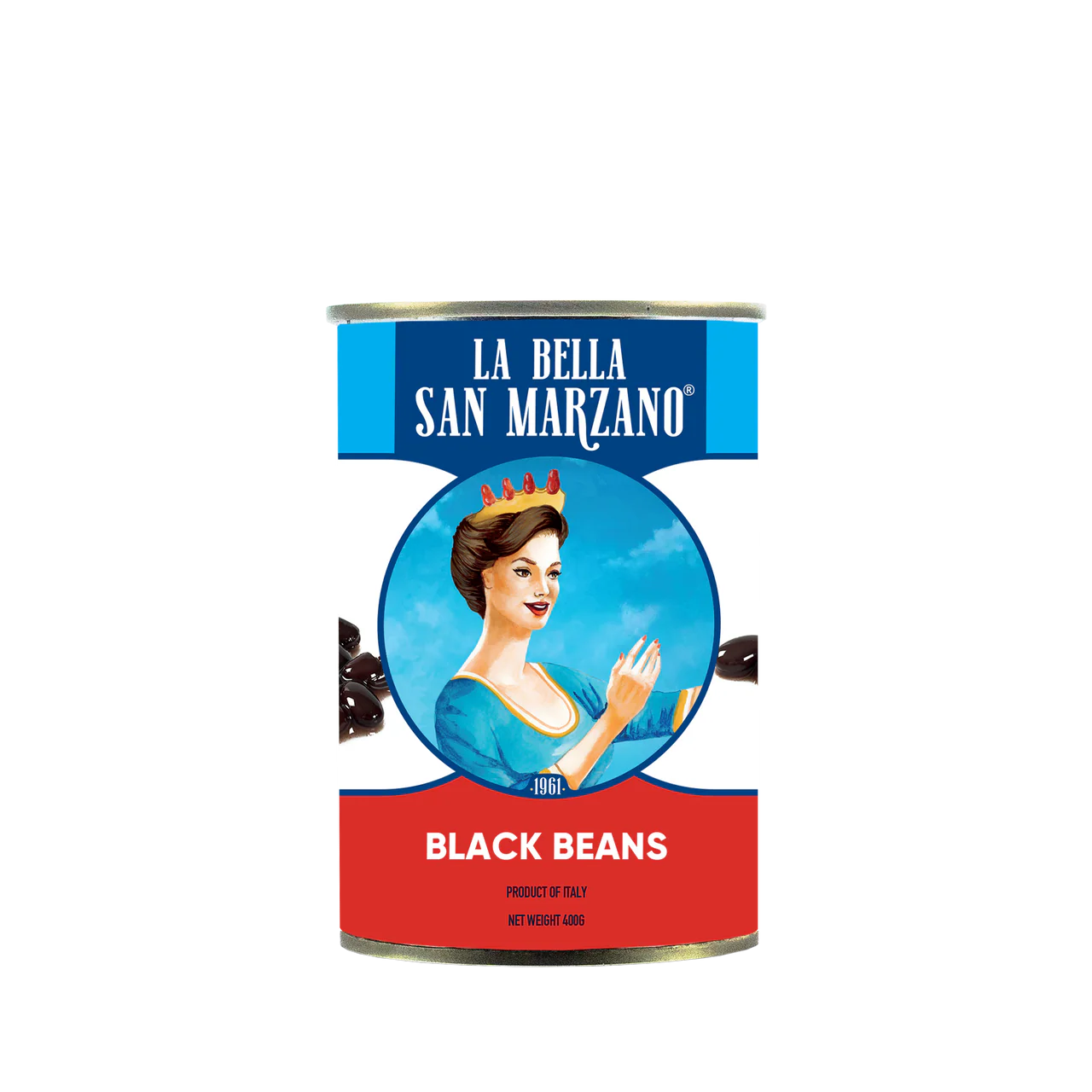 Can of La Bella San Marzano black beans on a white background
