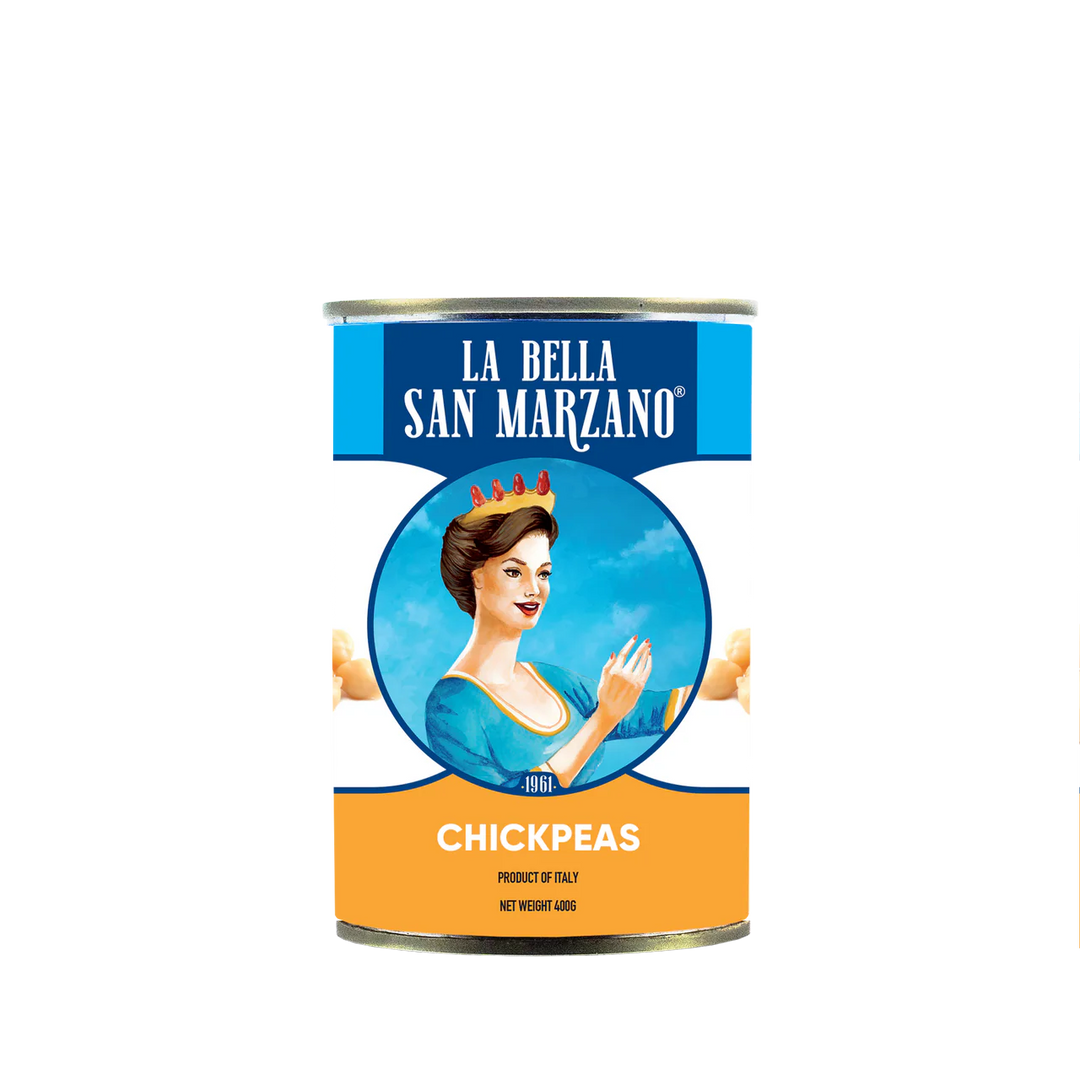Can of La Bella San Marzano chickpeas with a vintage-style label featuring a woman.