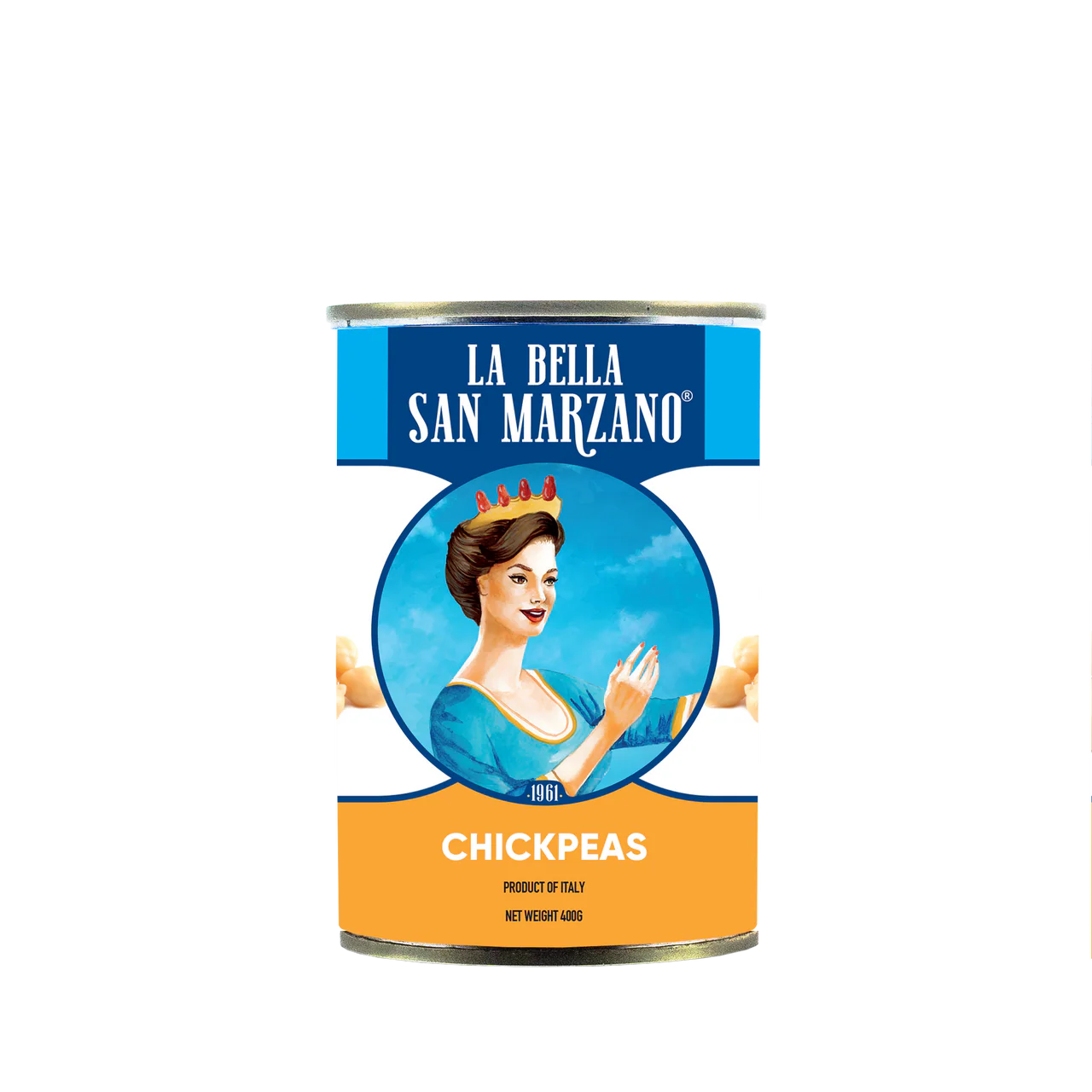 Can of La Bella San Marzano chickpeas with a vintage-style label featuring a woman.
