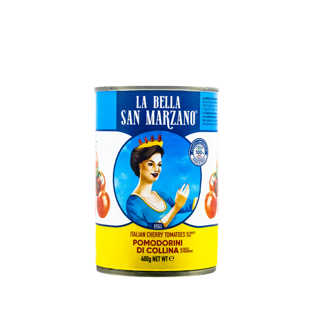 La Bella San Marzano can of cherry tomatoes with a woman holding tomatoes on a white background