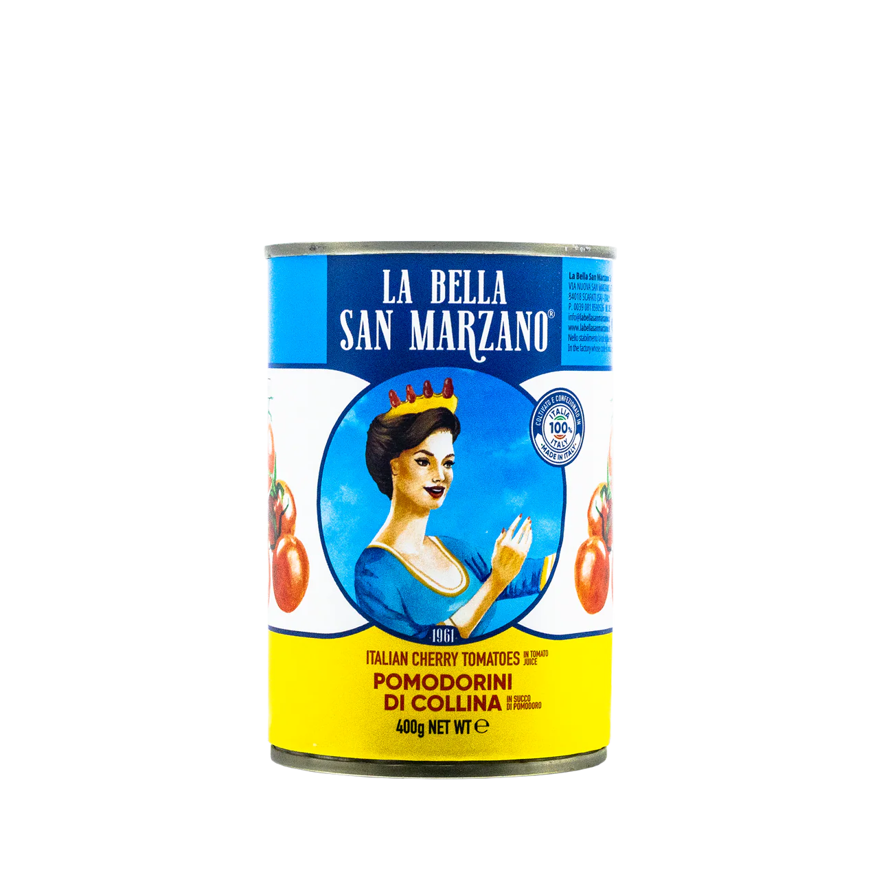 La Bella San Marzano can of cherry tomatoes with a woman holding tomatoes on a white background