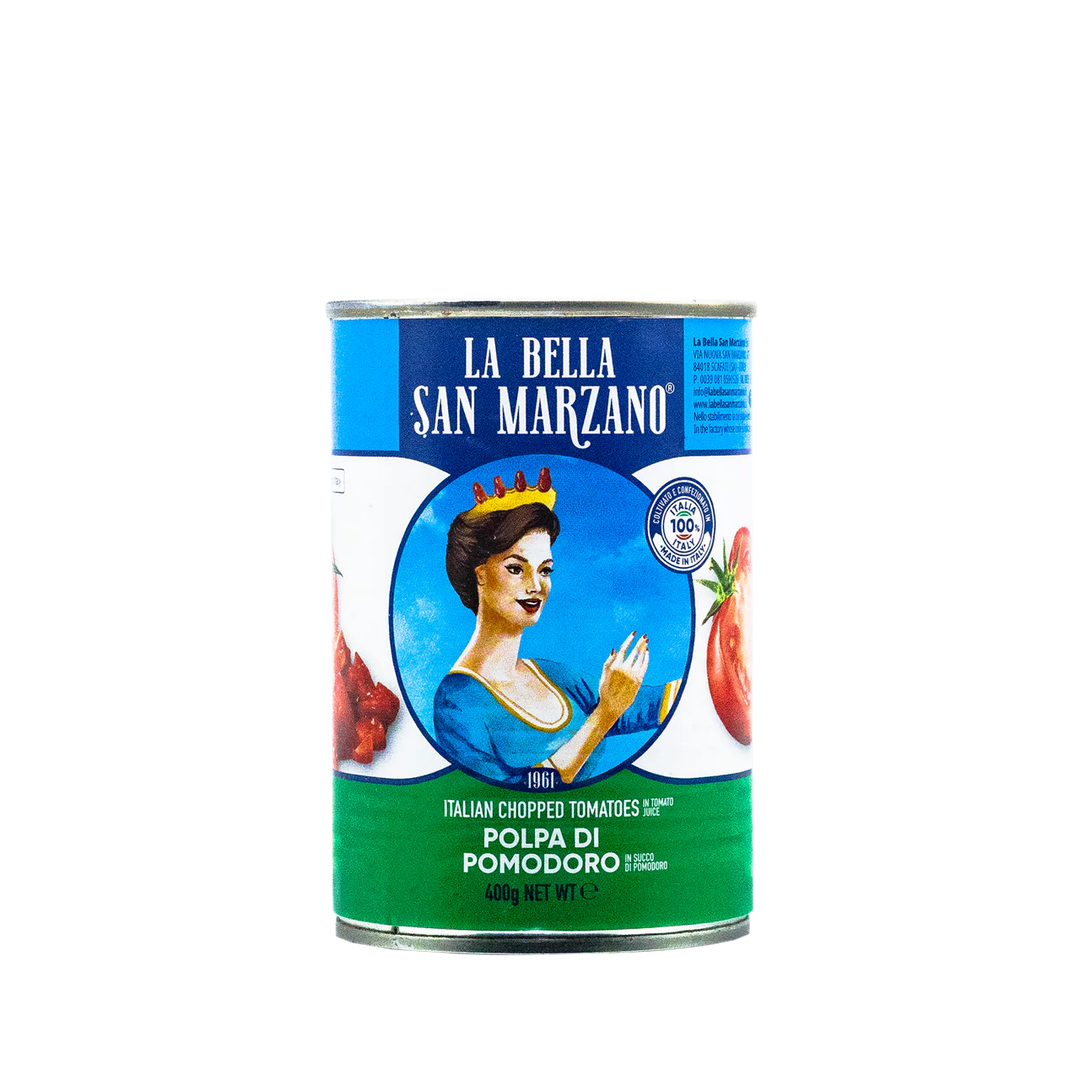 La Bella San Marzano can of Italian chopped tomatoes on a white background