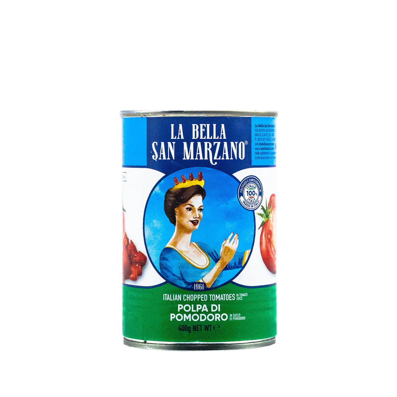 La Bella San Marzano can of Italian chopped tomatoes on a white background