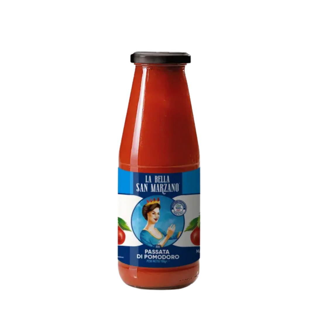 Bottle of La Bella San Marzano tomato passata on a white background