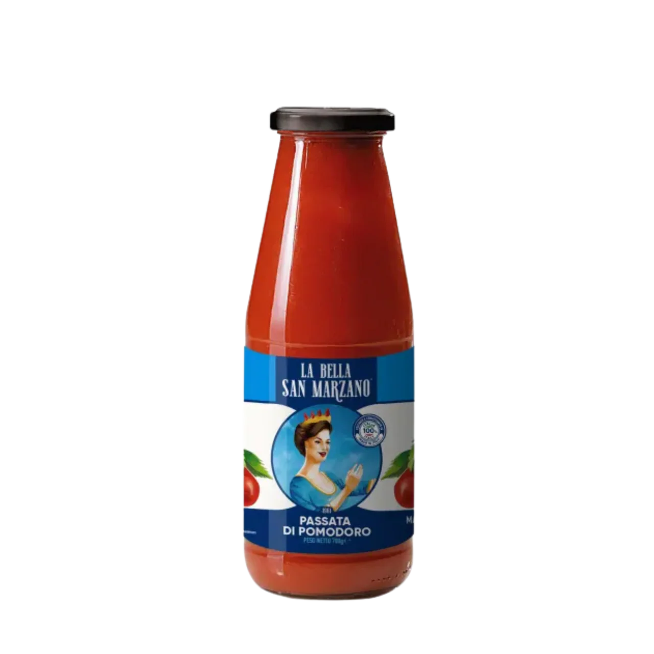 Bottle of La Bella San Marzano tomato passata on a white background