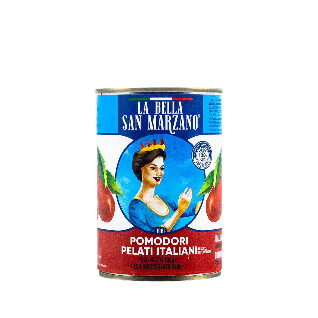 Can of La Bella San Marzano peeled whole tomatoes on a white background