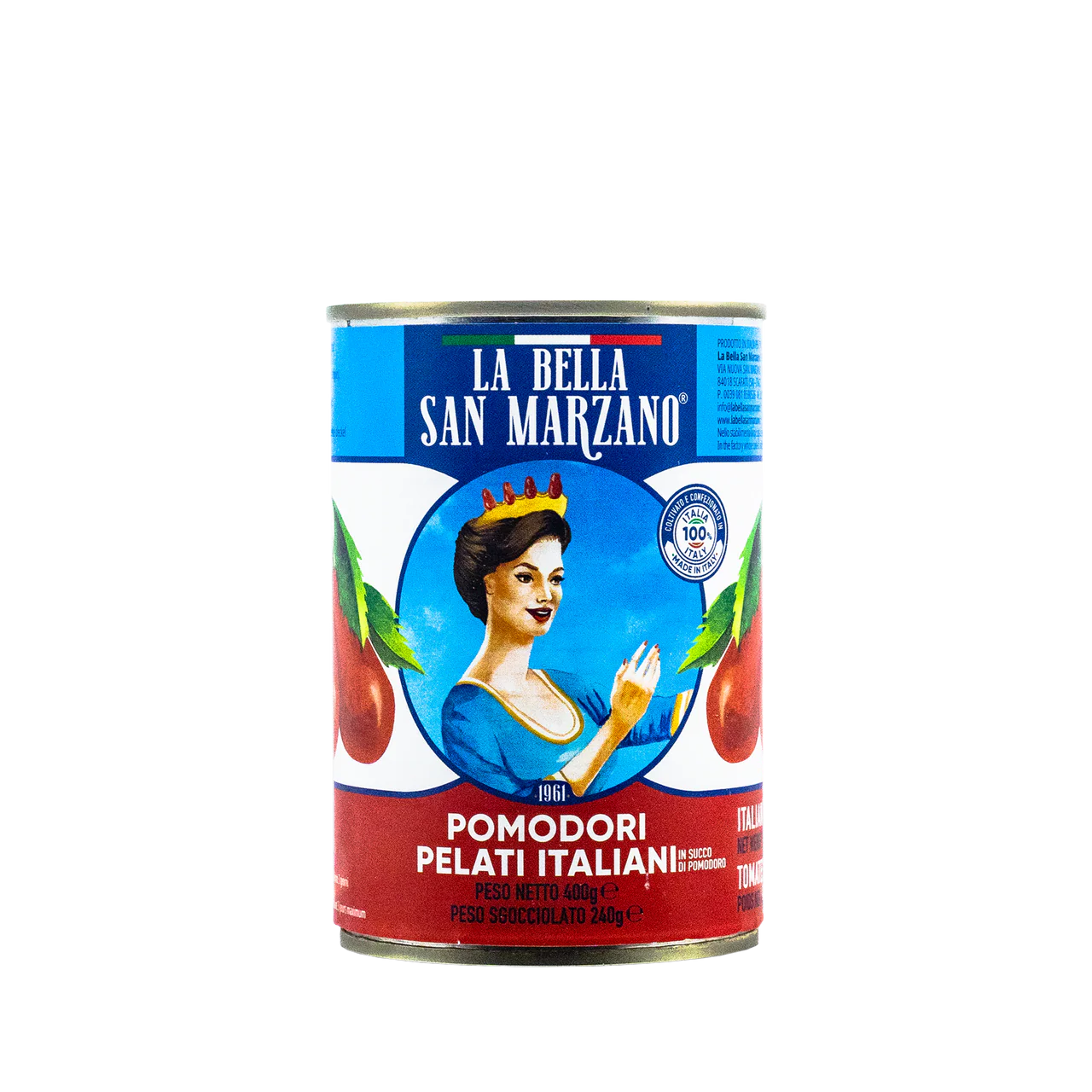Can of La Bella San Marzano peeled whole tomatoes on a white background