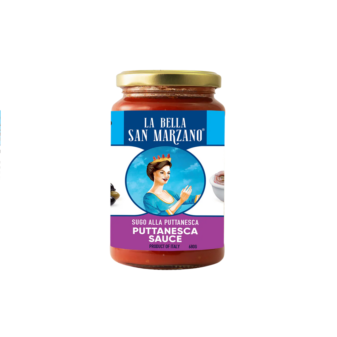 Jar of La Bella San Marzano Puttanesca Sauce on a white background