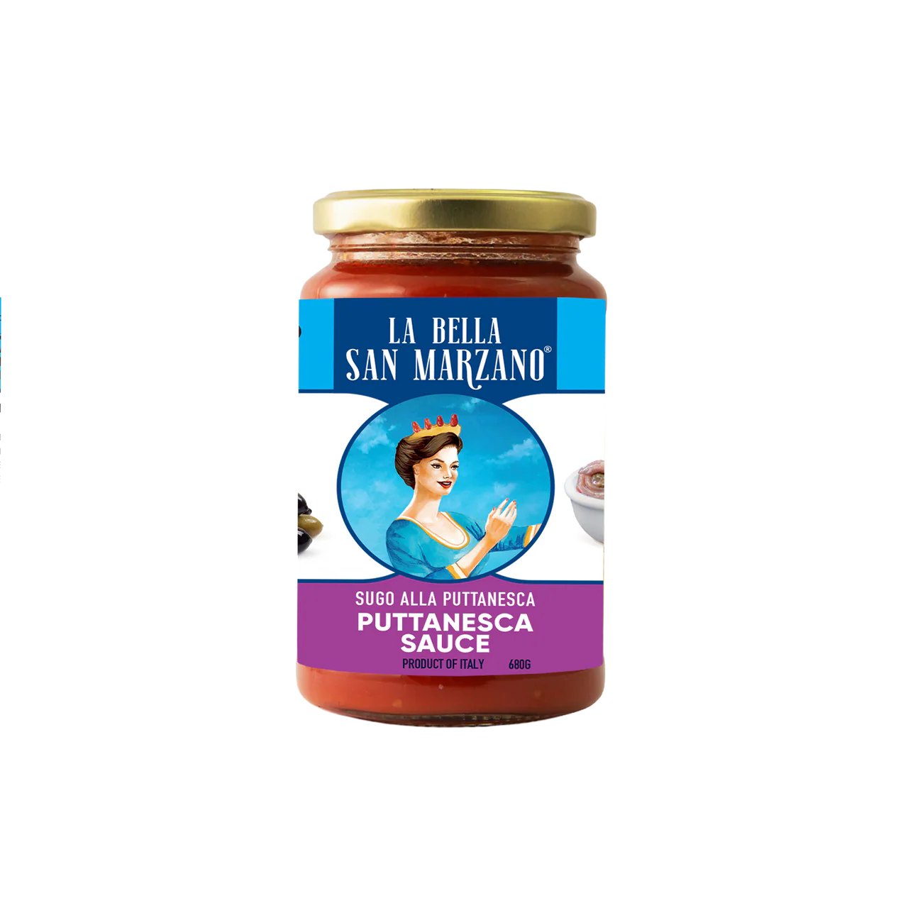 Jar of La Bella San Marzano Puttanesca Sauce on a white background