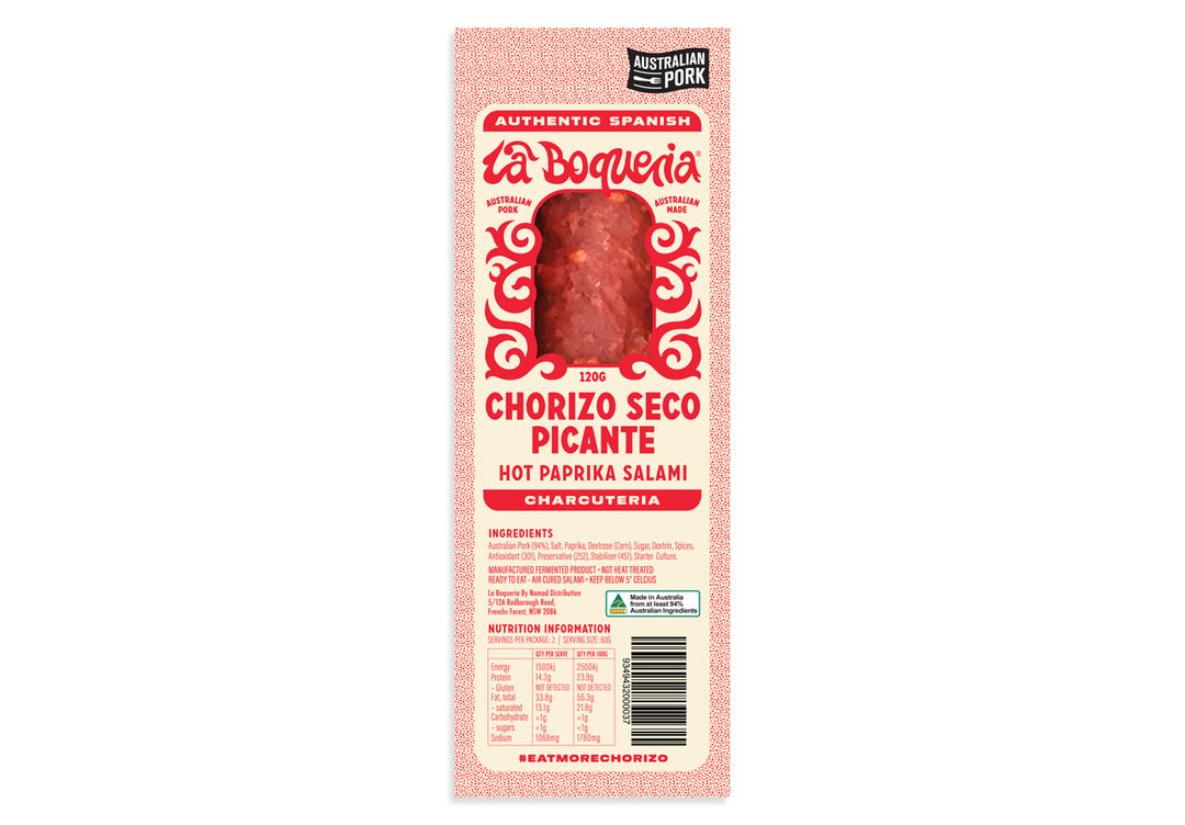 Package of La Boquería Chorizo Seco Picante on a white background