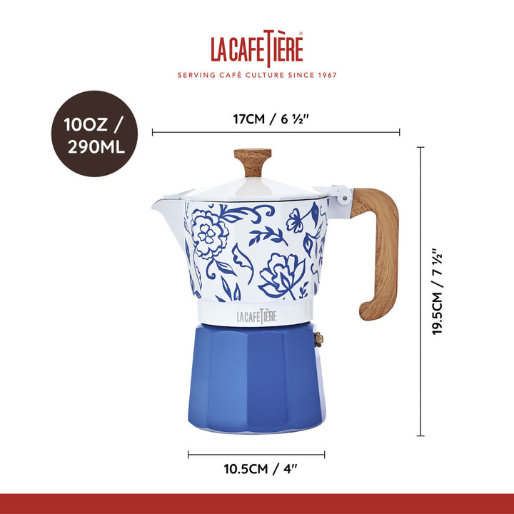 Blue and white coffee maker with floral design, dimensions, and &