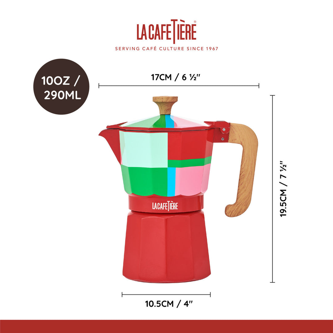 Colorful La Cafétière coffee maker with dimensions and capacity details on a white background.