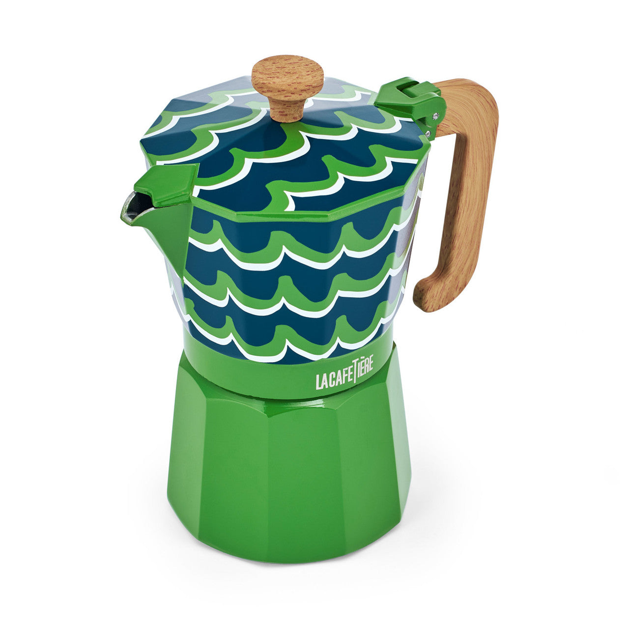 Green and blue patterned coffee maker with wooden handle on a white background