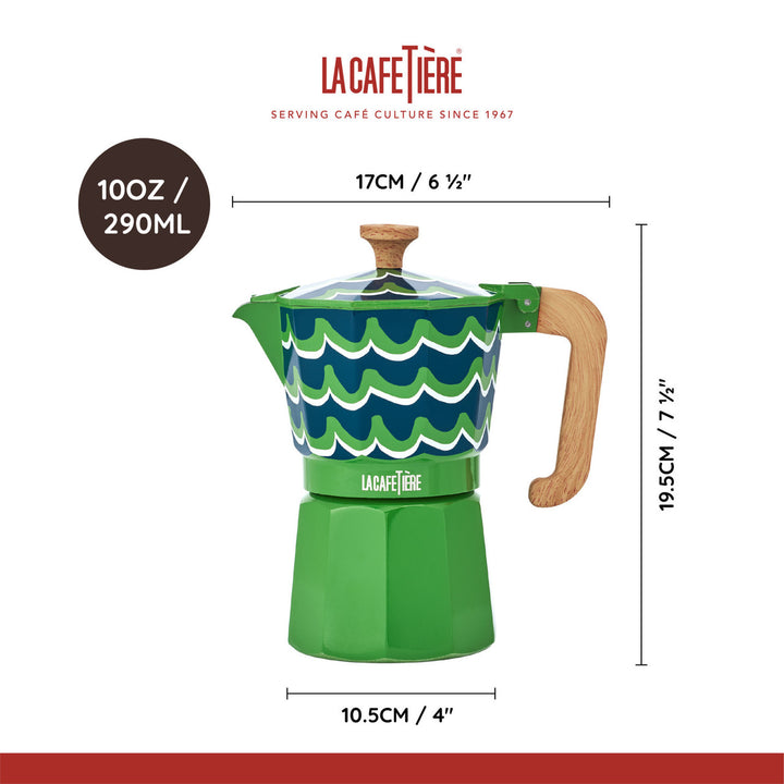 Green coffee maker with wavy pattern and wooden handle, featuring La Cafétière branding and measurements.