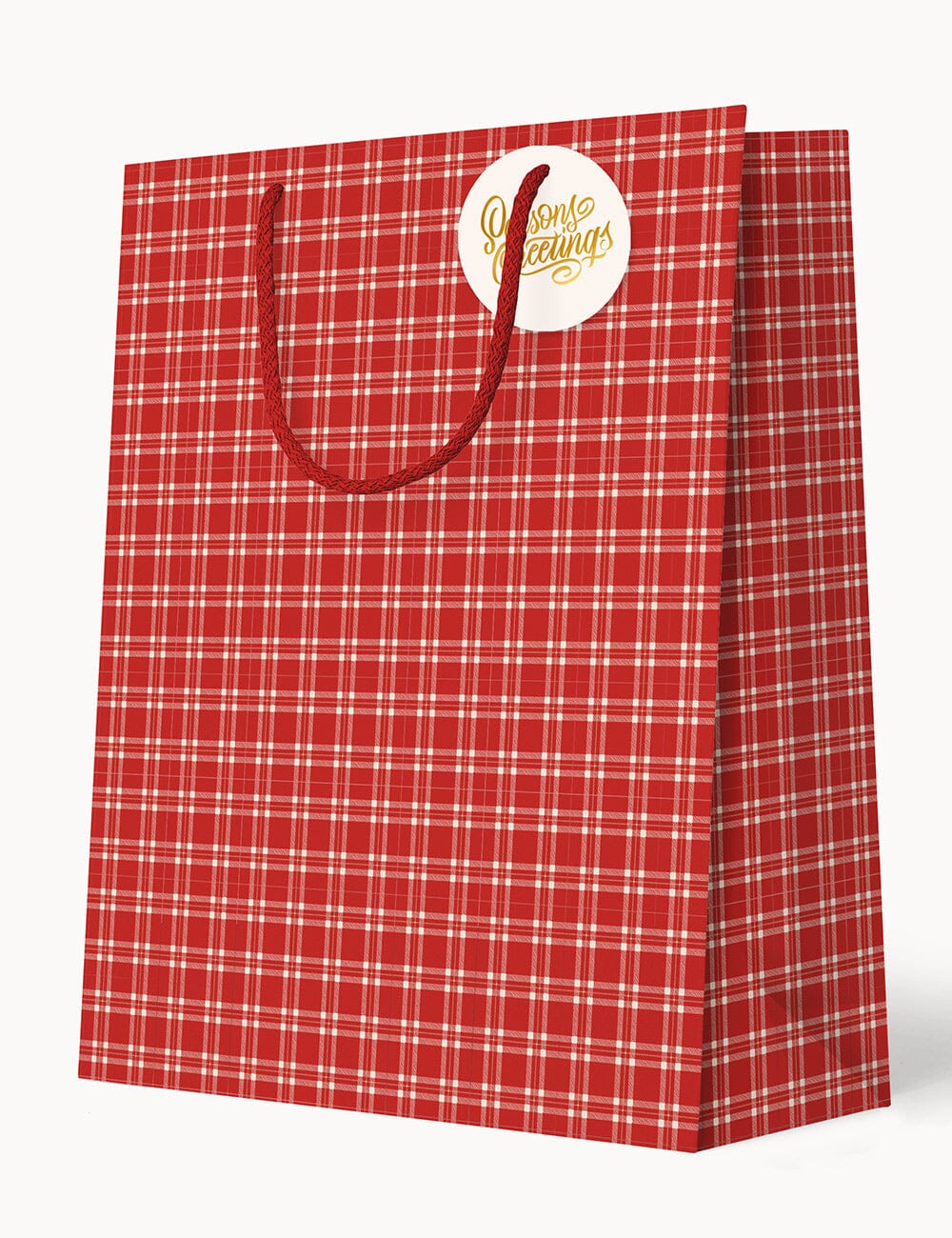 Red plaid shopping bag with a visible brand logo on a white background