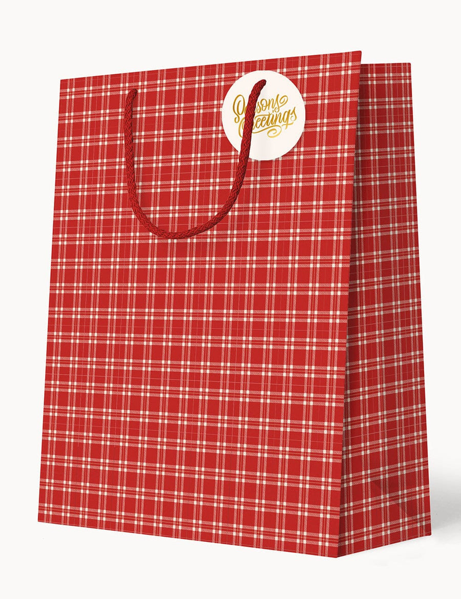 Red plaid shopping bag with a visible brand logo on a white background