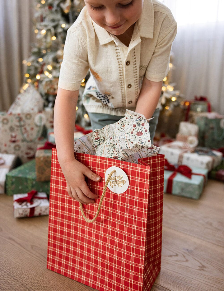 Child holding a red plaid gift bag with a Christmas tree and presents in the background