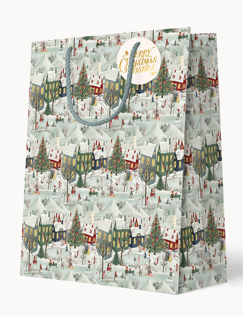 Gift bag with Christmas village design on a white background