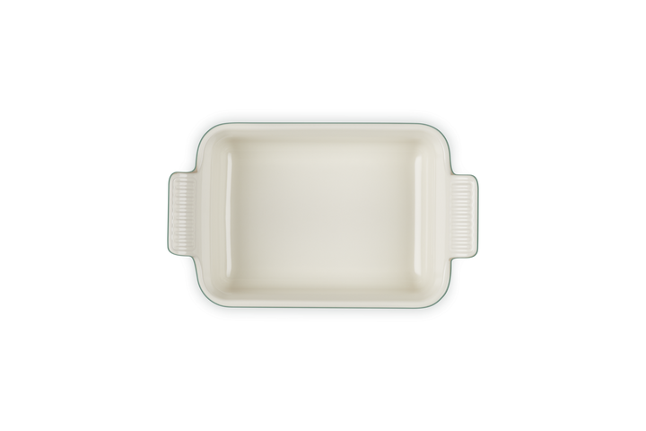 Rectangular ceramic baking dish on a white background