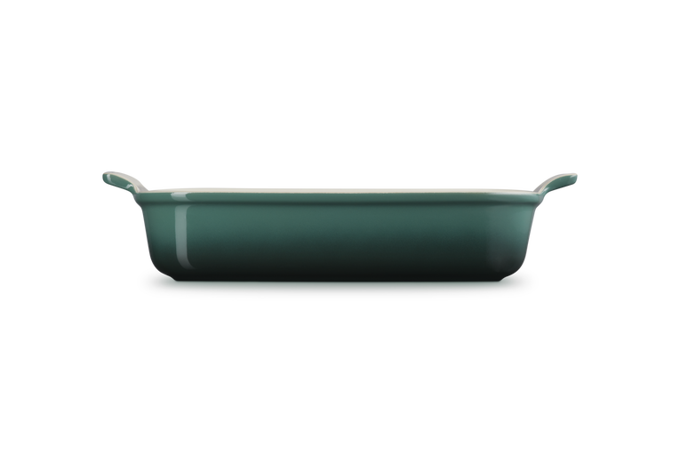 Green rectangular baking dish on a white background