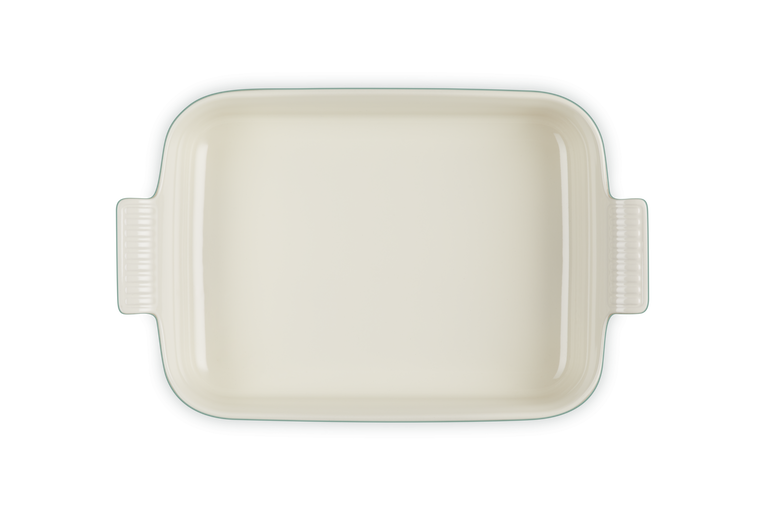Rectangular ceramic baking dish on a white background