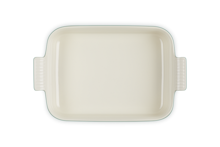 Rectangular ceramic baking dish on a white background