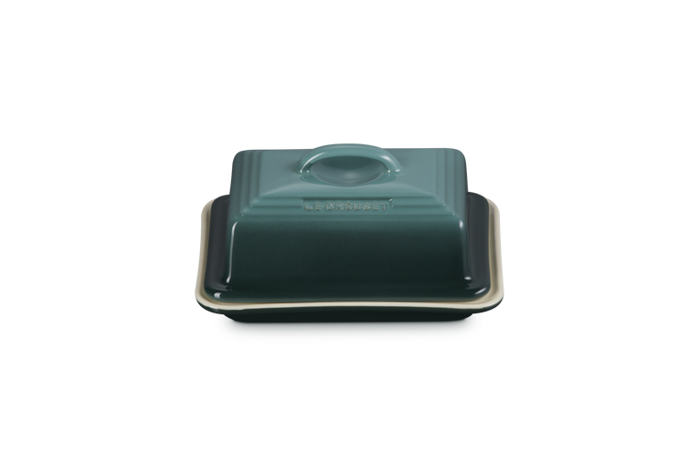 Dark Green ceramic butter dish with lid on a white background