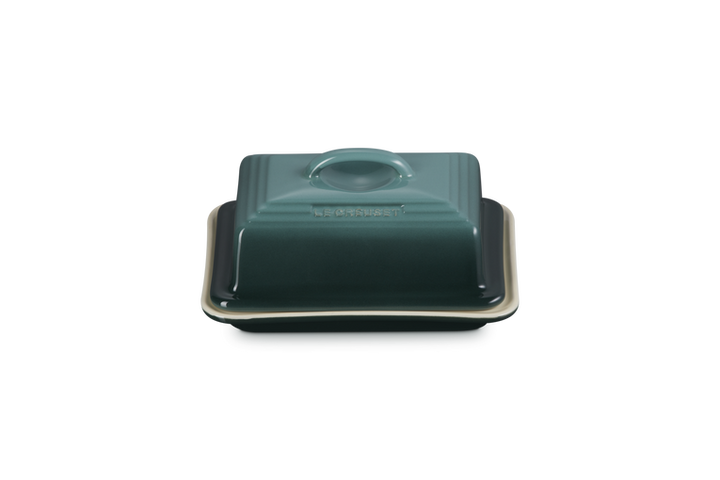 Dark Green ceramic butter dish with lid on a white background
