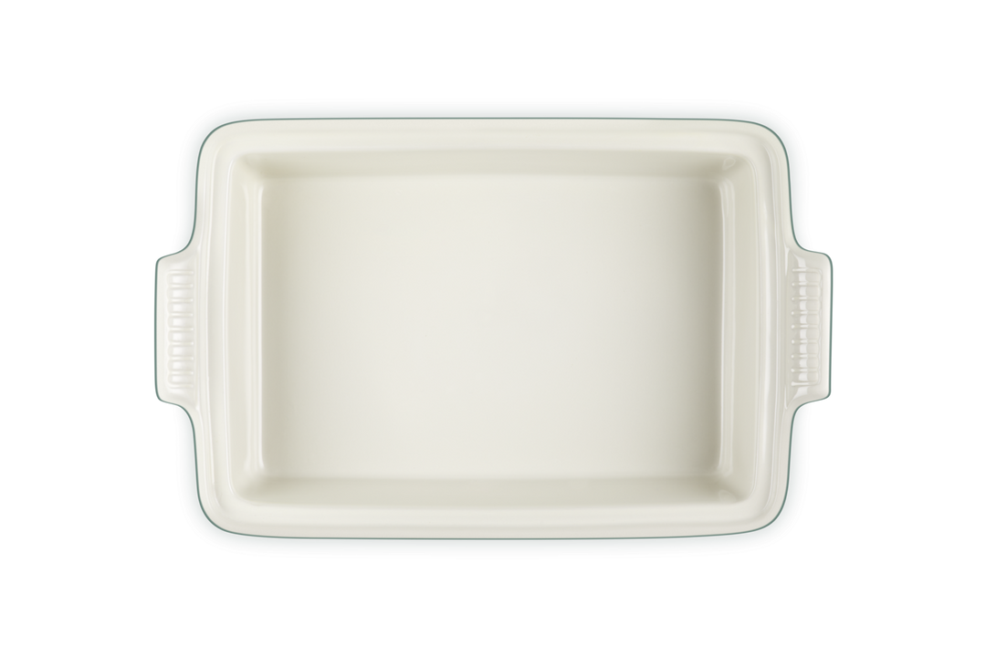 Rectangular ceramic baking dish on a white background